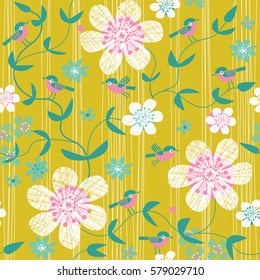 seamless pattern with birds and flowers