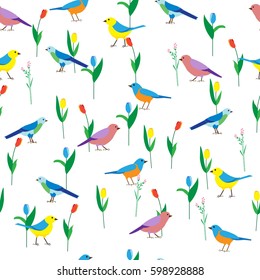 Seamless pattern with birds and flowers.