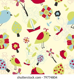 Seamless pattern with birds and flowers