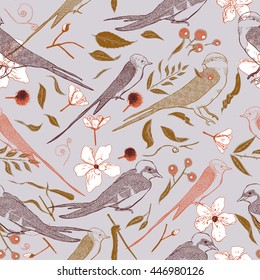 Seamless pattern with birds, flowers, berries