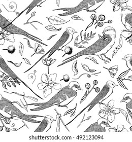 Seamless pattern with birds, flowers, berries