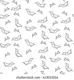 Seamless pattern with birds and flowers in black and white