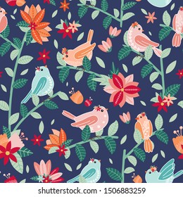 Seamless pattern with birds and flowers. Blue background. Vector illustration