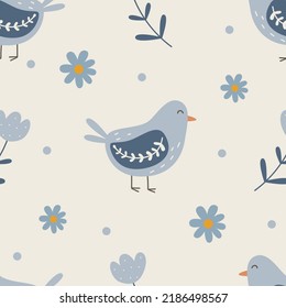 Seamless pattern with birds and flowers in boho style. Vector illustration