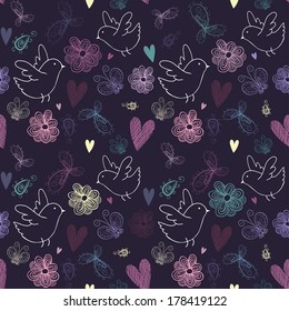 The seamless pattern with birds, flowers, butterflies, hearts and swirls.