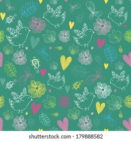 The seamless pattern with birds, flowers, butterflies, hearts and swirls.