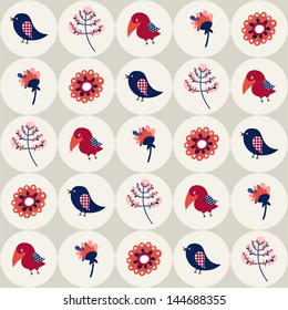 Seamless pattern with birds and flowers in circles, polka dot