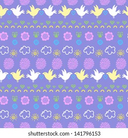 seamless pattern with birds, flowers and clouds