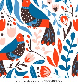 Seamless pattern with birds and flowers with different folk ornaments. Hand drawn flat doodle texture with stylized  decorative floral elements. Scandinavian style. Traditional decor. Vector 