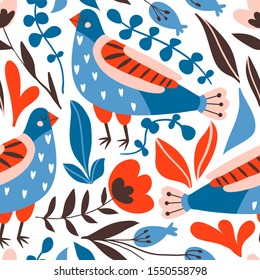 Seamless pattern with birds and flowers with different folk ornaments. Hand drawn flat doodle texture with stylized  decorative floral elements. Scandinavian style. Traditional decor. Vector 