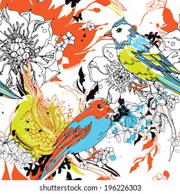 Seamless pattern with birds and flowers eps10