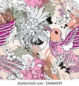 Seamless pattern with birds and flowers eps10