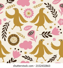 Seamless pattern with birds and flowers. Fabric pattern, apparel print, wrapping paper