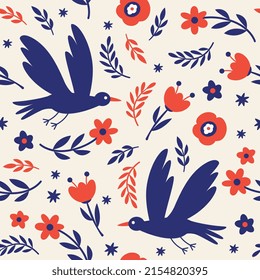 Patrón sin foco con pájaros y flores. Patrón de tejido, impresión de parela, papel de envoltura