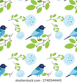 seamless pattern with birds and flowers, flat vector illustration in blue tones