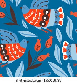 Seamless pattern with birds and flowers with folk ornaments on blue background. Hand drawn flat doodle texture with stylized  decorative floral elements. Scandinavian style. Traditional decor. Vector 