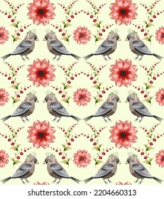 Seamless pattern with birds and flowers in folk style