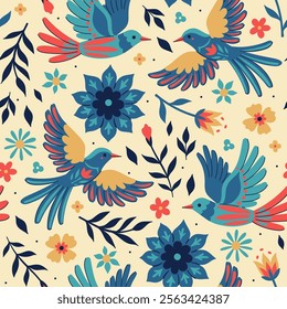 Seamless pattern with birds and flowers in folk style. Vector graphics.