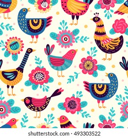 Seamless pattern with birds and flowers. Freehand drawing