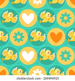 Seamless pattern with birds, flowers and hearts over dot background
