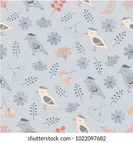 Seamless pattern with birds flowers and herbs vector illustration