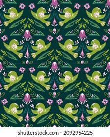 Seamless pattern with birds and flowers. Illustration in folk style. Print for posters. Postcard design. Printing on fabric. Logos, packaging