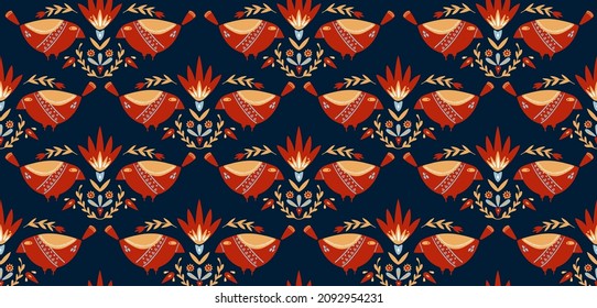 Seamless pattern with birds and flowers. Illustration in folk style. Print for posters. Postcard design. Printing on fabric. Logos, packaging