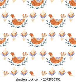 Seamless pattern with birds and flowers. Illustration in folk style. Print for posters. Postcard design. Printing on fabric. Logos, packaging.