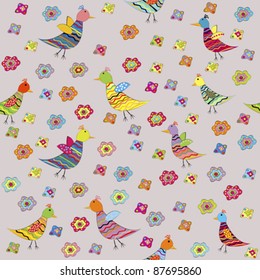 Seamless pattern with birds and flowers, for kids