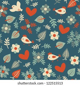 Seamless pattern with birds, flowers and leaves. Vector.