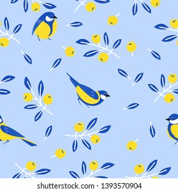Seamless pattern with birds, flowers, leaves and berries. Birds titmice on a blue background. Vector illustration.