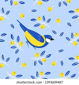 Seamless pattern with birds, flowers, leaves and berries. Birds titmice on a blue background. Vector illustration.