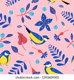 Seamless pattern with birds, flowers, leaves and berries. Birds titmice on a pink background. Vector illustration.