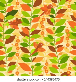 Seamless pattern with birds, flowers and leaves. Autumn background.