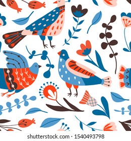Seamless pattern with birds, flowers, leaves with different folk ornaments. Hand drawn flat doodle texture with stylized  decorative floral elements. Scandinavian style. Traditional decor. Vector 