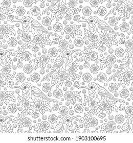 Seamless pattern with birds and flowers and leaves, dark contours on a white background