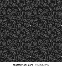 Seamless pattern with birds and flowers and leaves, light contours on a dark background