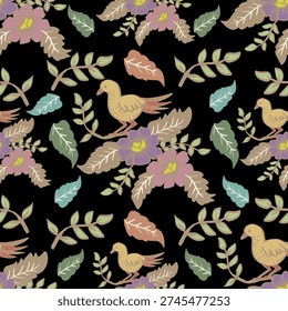 Seamless pattern with birds, flowers and leaves. Black background. Vector illustration.