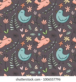 Seamless pattern with birds and flowers on dark