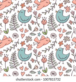 Seamless pattern with birds and flowers on white