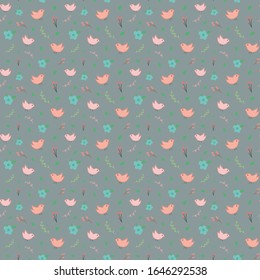 seamless pattern. birds and flowers on a gray background. spring and summer