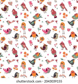 Seamless pattern with birds and flowers on a white background. Vector illustration in minimalistic flat style, hand drawing. Scandinavian print for textiles, print design, postcards in pink.