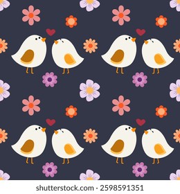 seamless pattern with birds and flowers on a blue background