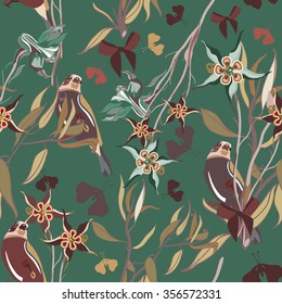 seamless pattern birds and flowers on a green background . Vector.