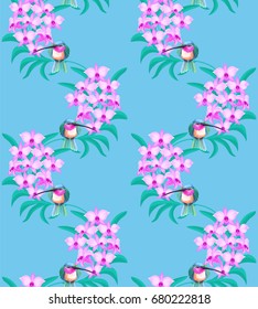 Seamless pattern with birds and flowers on blue background. Hummingbird sitting on stem of orchid.