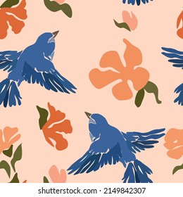 
Seamless pattern with birds and flowers. Pastel shades combined with blue. Vector illustration.