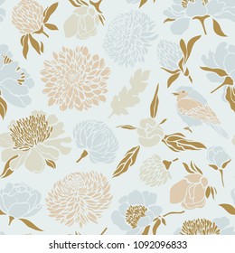 Seamless pattern with birds and flowers. Peony, chrysanthemum, clover, tulip. Vector illustration.