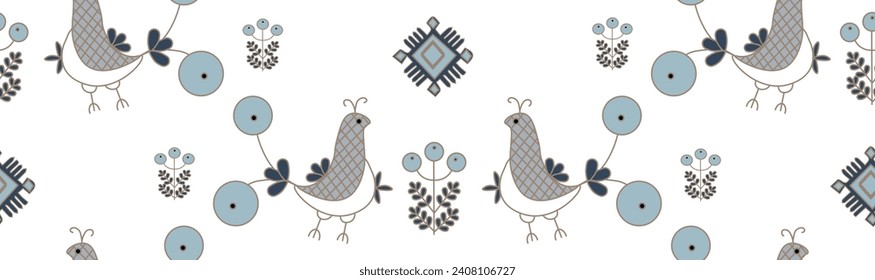 Seamless pattern with birds, flowers and solar symbols, based on Ukrainian traditional folk embroidery - Naddniprianska embroidery. Capucino, blue and grey. Stylish. Winter mood. Christmas vibes