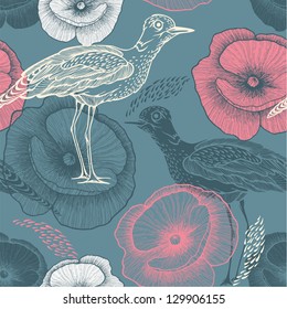 Seamless pattern with birds and flowers. Vector illustration.