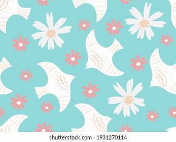 Seamless  pattern of birds and flowers, vector illustration